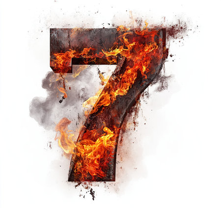 Burning number 7 with smoke and fire isolated on a white backgroundの素材