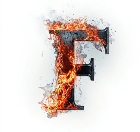 F letter burning in fire isolated on white background. 3d renderingの素材