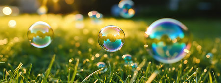 Soap bubbles on green grass with bokeh background. Close up.の素材