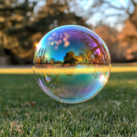 Beautiful soap bubble on the green grass in the park. Shallow depth of fieldの素材