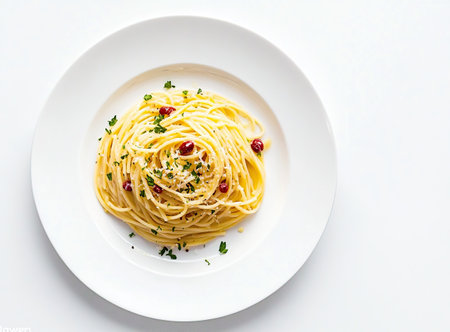 Spaghetti with parmesan and parsley palted on a white plate on a white background.の素材