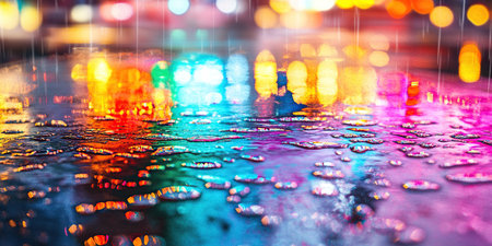 Rain drops on the wet asphalt with colorful rainbow street lights bokeh background.の素材