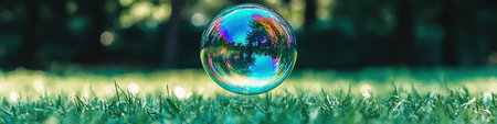 Colorful soap bubble on green grass with bokeh background.の素材
