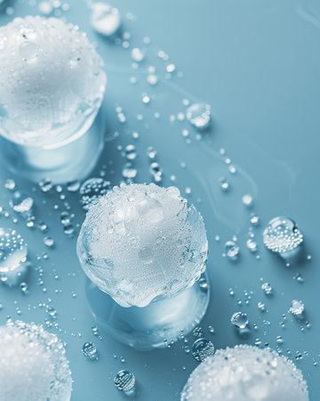 Ice cubes with drops of water on a blue background. Macro.の素材