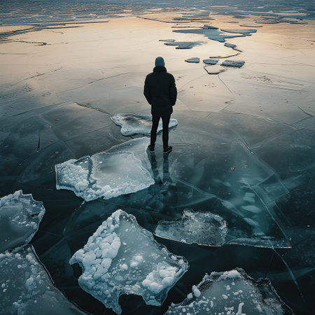 A man stands on the ice of the lake and looks at the frozen surface.の素材