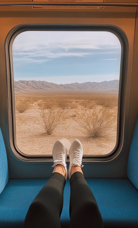 Woman's legs in white sneakers on the window of an train through the desert. Travel comfortの素材