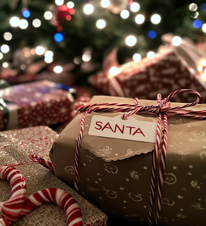 Gift boxes with tag Santa Claus and Christmas tree in the backgroundの素材