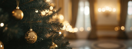 Christmas tree with golden baubles, bokeh lights and garlandの素材