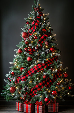 Christmas tree with red ornaments and presents under tree on dark backgroundの素材