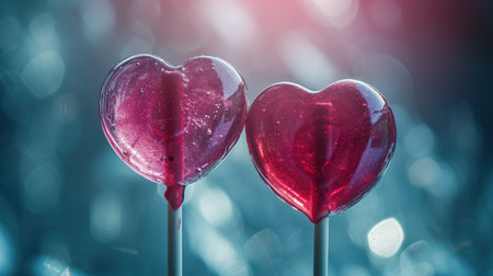 Red heart shaped lollipops on blue bokeh backgroundの素材