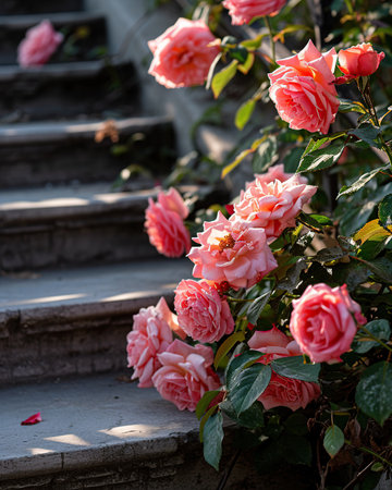Beautiful pink roses growing on the stairs in the city park. Love romance conceptの素材