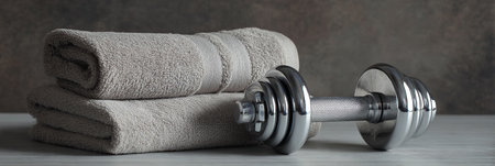 A folded towel and a dumbbell rest on a dark surface, creating a contrasting composition.の素材