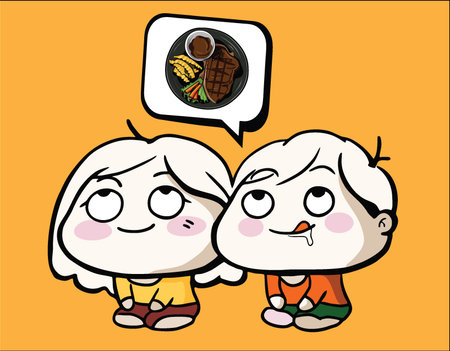 cute cartoon boy and girl imagine a sirloin beef steak. vector illustrationのイラスト素材