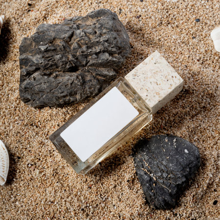 Elegant glass perfume bottle with terrazzo-style cap lying on sandy beach surrounded by black rocks and seashells. The minimal label space and natural setting create a luxurious anの写真素材