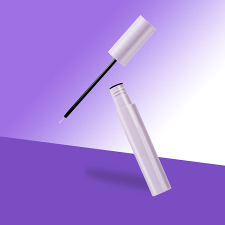 Stylish and minimalistic presentation of an open liquid eyeliner bottle on a vibrant purple background. The sleek white container and fine brush detail emphasize beauty, cosmetics,の写真素材