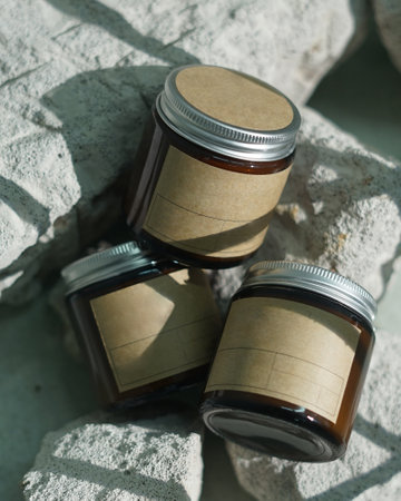 Minimalist composition of three amber glass jars with blank kraft paper labels, placed on textured white stone blocks.の写真素材