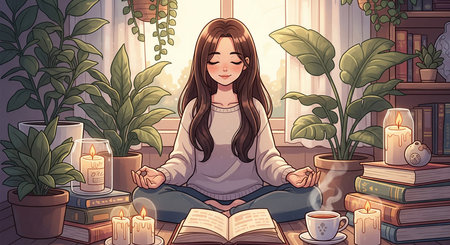 Cozy and calming illustration of a young woman meditating indoors, surrounded by lush green plants, lit candles, and stacks of books.の写真素材