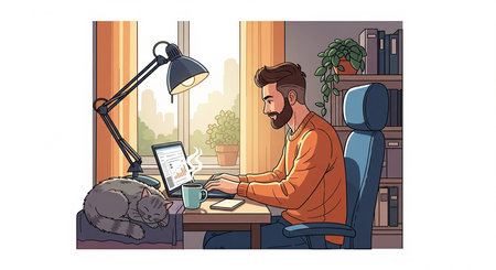 Warm and inviting illustration of a young man working remotely from home at his desk with a sleeping cat nearby.の写真素材