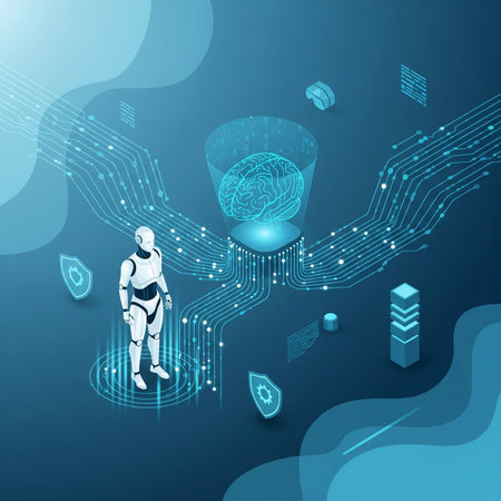 Futuristic illustration depicting artificial intelligence and machine learning. A humanoid robot stands near a glowing digital brain connected by complex data circuits, symbolizingの写真素材