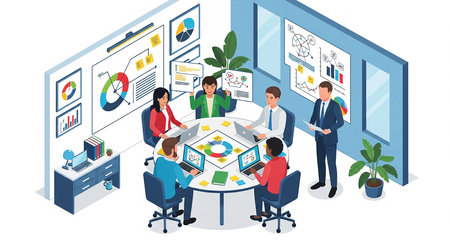 Modern isometric illustration of a diverse business team having a meeting in a high-tech office.の写真素材