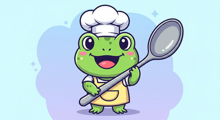 Adorable cartoon illustration of a cheerful frog wearing a chef hat and apron, holding a large spoon.の写真素材