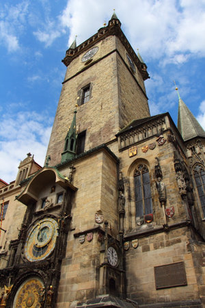 Tower and astronomical clock of the ancient town hall in Pragueの写真素材