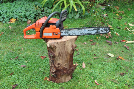 Chain saw on a logの写真素材