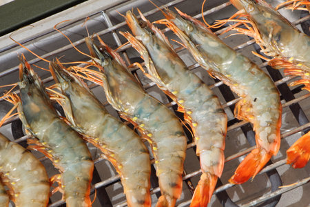 Prawns on the rack of an electric barbecue during summerの写真素材