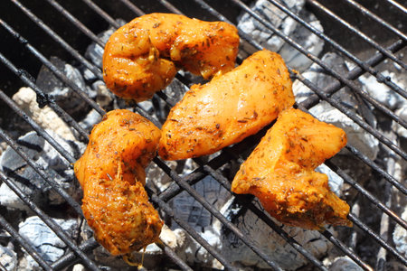Marinated chicken on the rack of a barbecue during summerの写真素材
