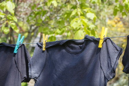 Washing line with clothes drying in a gardenの写真素材