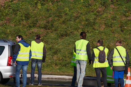 Guipavas, France - November 24, 2018 : Demonstrators called yellow vests during a demonstration...