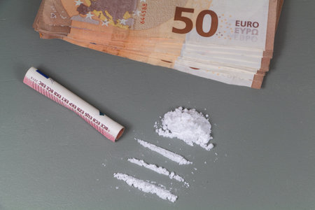 Cocaine lines ready to sniff and euro banknotesの写真素材