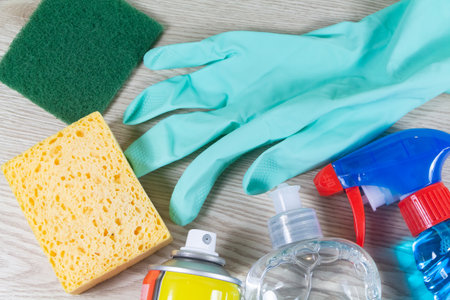 Cleaning products, sponge, scrub pad and rubber glove