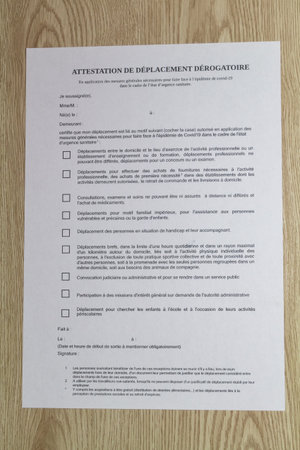 Primelin â€“ France, November 16, 2020 : French certificate of derogatory displacement to go...