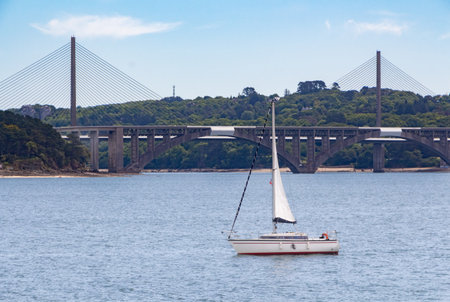 Sailboat near Iroise bridge in Brestの写真素材