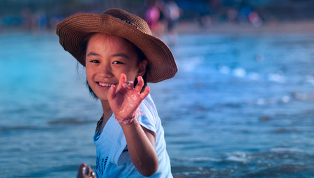 little  girl at the beachの写真素材