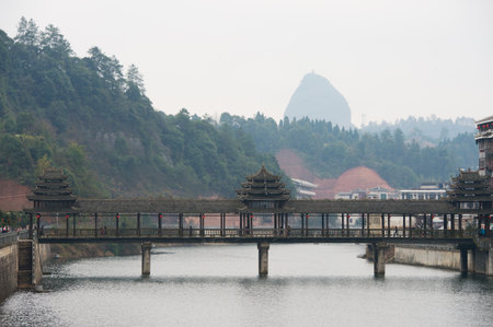 Chinese old bridge made of wood in west chinaのeditorial素材
