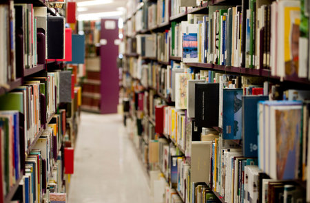 shelf with books in the library のeditorial素材