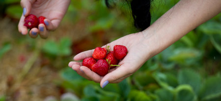 woman showing red strawberry on hand in farm の写真素材