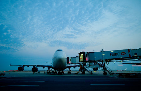 aircraft at the finger in the airportのeditorial素材