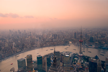 shanghai in the fog - a view from the topの写真素材