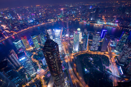 overlooking shanghai at night from shanghai world financial centerのeditorial素材