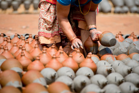 People making pottery on the one of Bhaktapur squares，Nepalの写真素材
