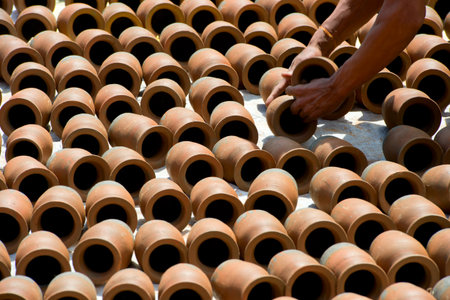 People making pottery on the one of Bhaktapur squares，Nepalの写真素材