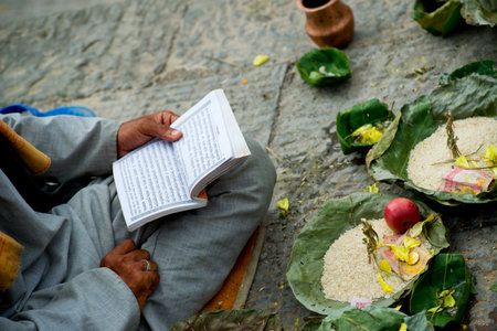 Offerings made to Hindu gods during a traditional Hindu Nepaliの写真素材
