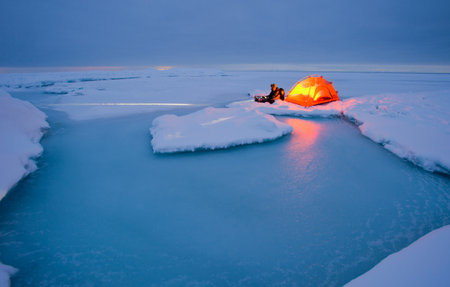 Winter season camping at the lake
