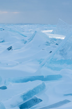 Thin transparent ice floes. Hummocks on Huron lake