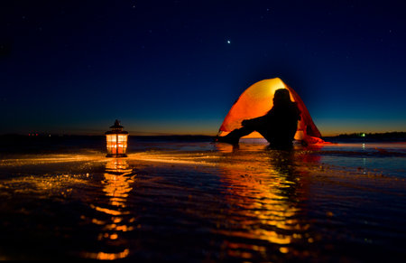 girls camping in the wildernessの写真素材