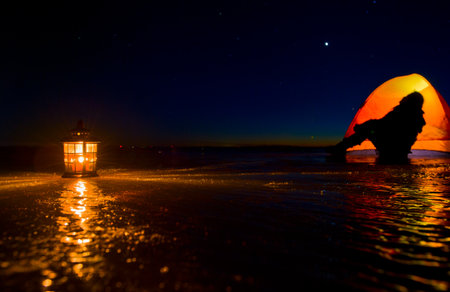 girls camping in the wildernessの写真素材
