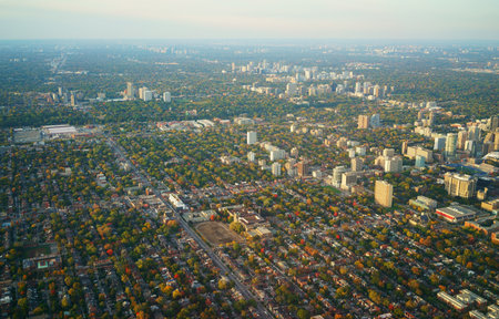 Aerial fall foliage view of rural village, Toronto, Canadaの写真素材